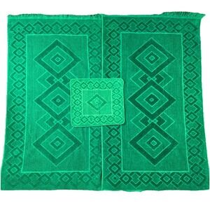 Vintage Dundee Green Fringed Towel Set 2 Bath &‎ 1 Washcloth Texture 100% Cotton